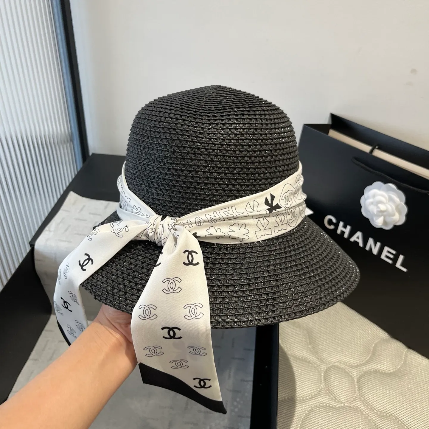 💰140¥ Chanel new straw hat, with silk ribbon, a must-have for fairies when traveling, head circumference 57cm