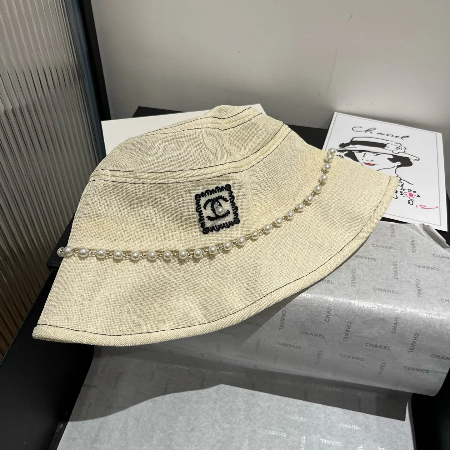 💰120¥ Chanel cotton and linen hat, bucket hat, head circumference 57cm
