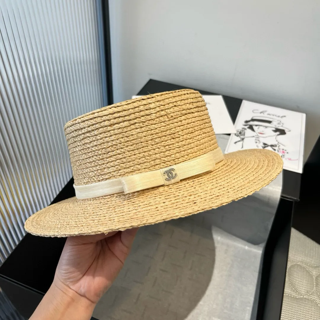 💰180¥ Chanel raffia flat top hat, customized high-end linen yarn, head circumference 57cm