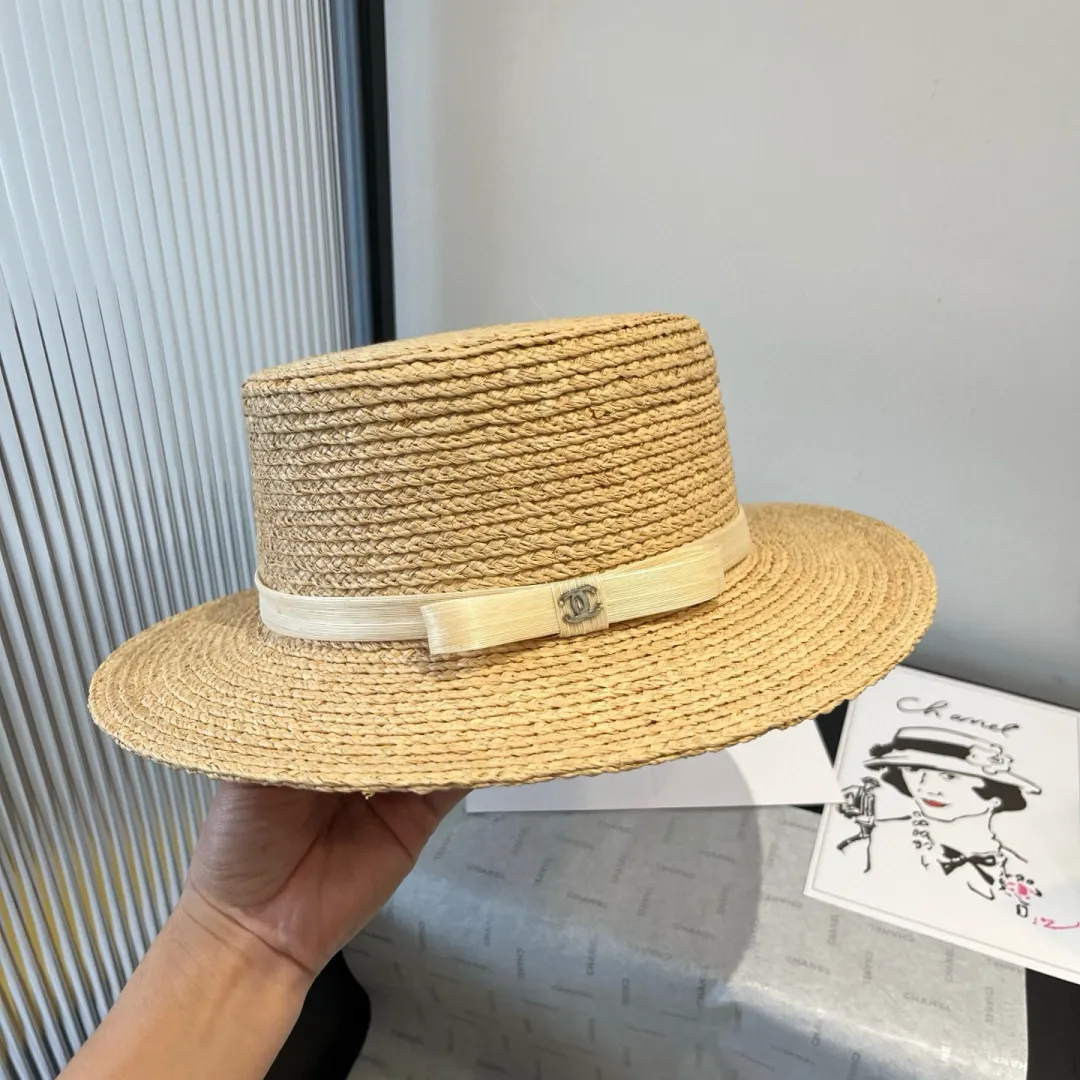 💰180¥ Chanel raffia flat top hat, customized high-end linen yarn, head circumference 57cm