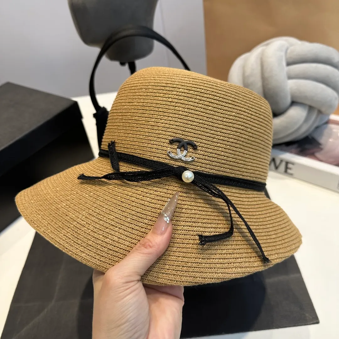 P100 Chanel straw hat, bow hat, lady style PP straw hat, head circumference 57cm