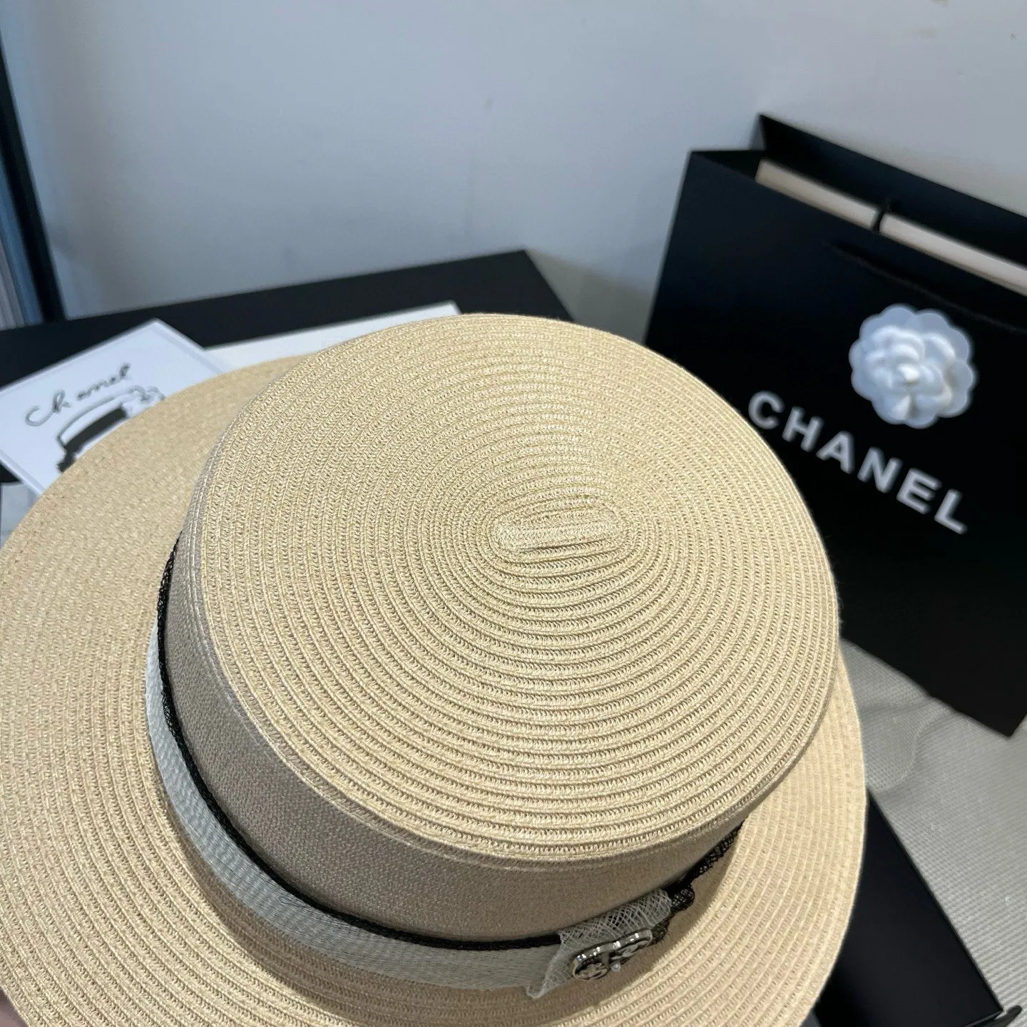 💰170¥ Chanel, flat top hat, linen straw hat, head circumference 57cm