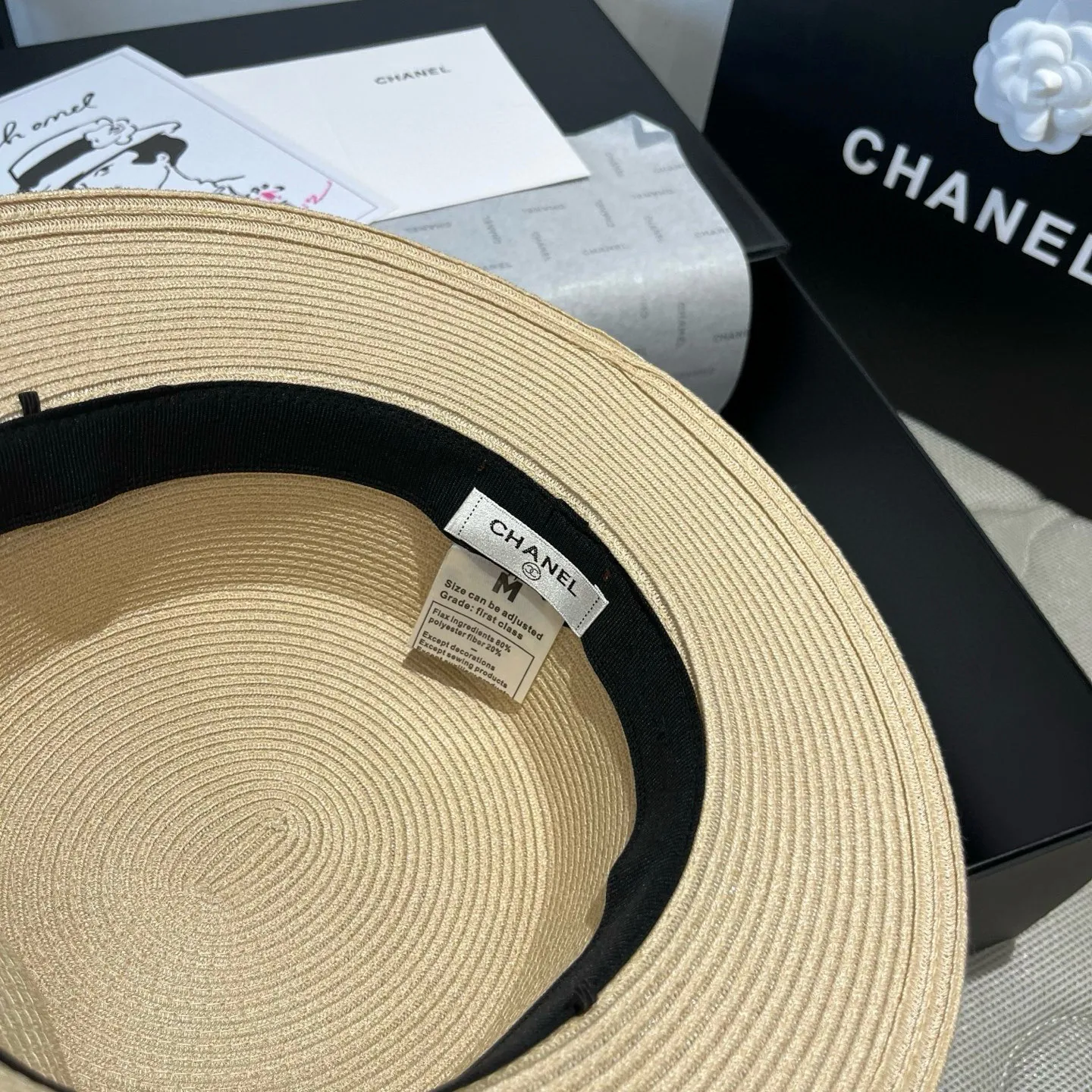 💰170¥ Chanel, flat top hat, linen straw hat, head circumference 57cm