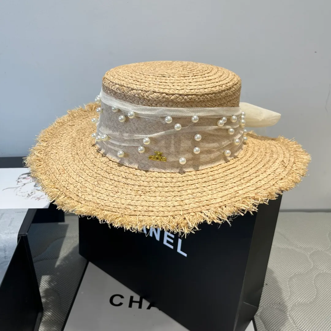 💰160¥ Chanel raffia flat top hat, pearl bow🎀, high-end goddess style, head circumference 57cm