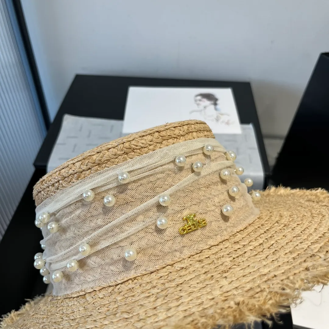 💰160¥ Chanel raffia flat top hat, pearl bow🎀, high-end goddess style, head circumference 57cm