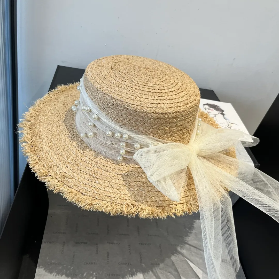 💰160¥ Chanel raffia flat top hat, pearl bow🎀, high-end goddess style, head circumference 57cm