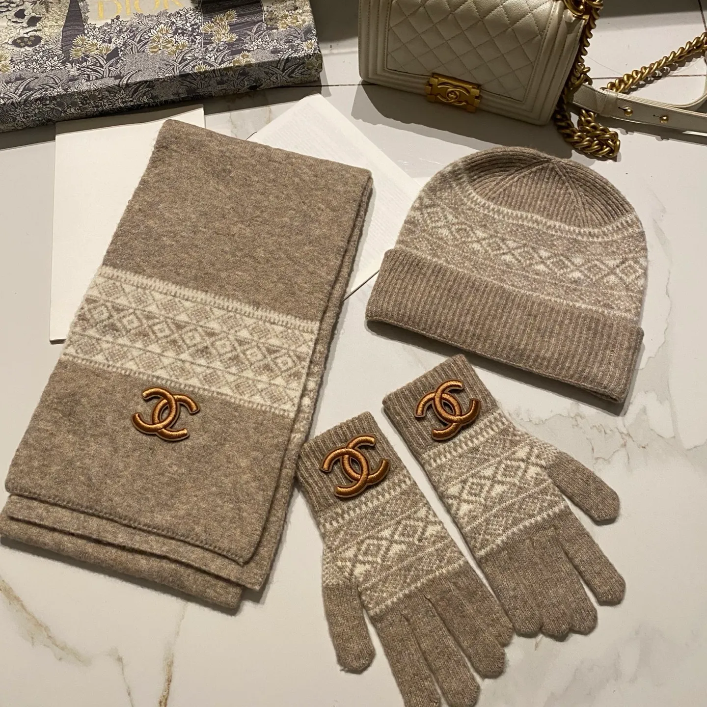 Fair Isle Chanel suit cashmere knitted hat + scarf + gloves