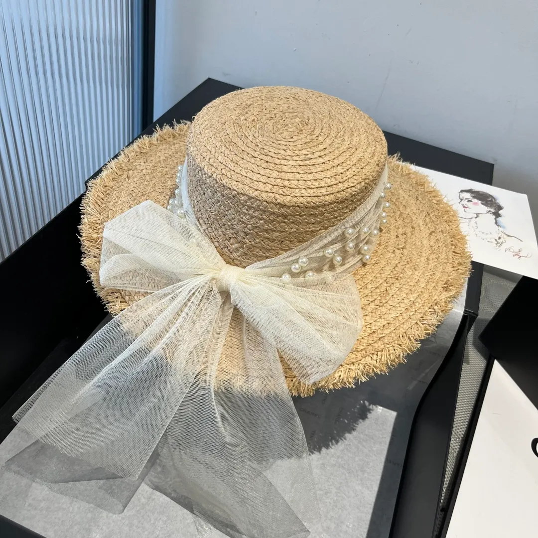 💰160¥ Chanel raffia flat top hat, pearl bow🎀, high-end goddess style, head circumference 57cm
