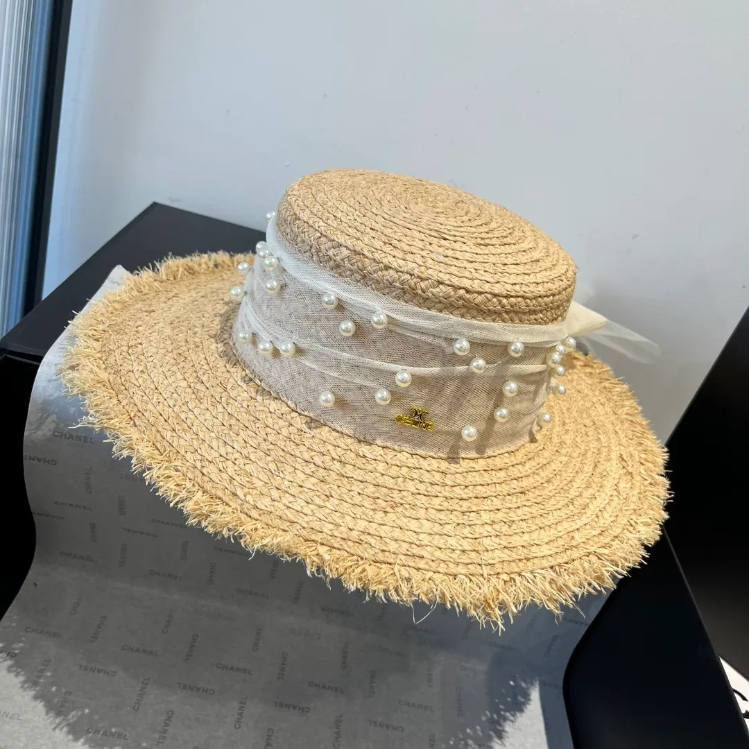 💰160¥ Chanel raffia flat top hat, pearl bow🎀, high-end goddess style, head circumference 57cm