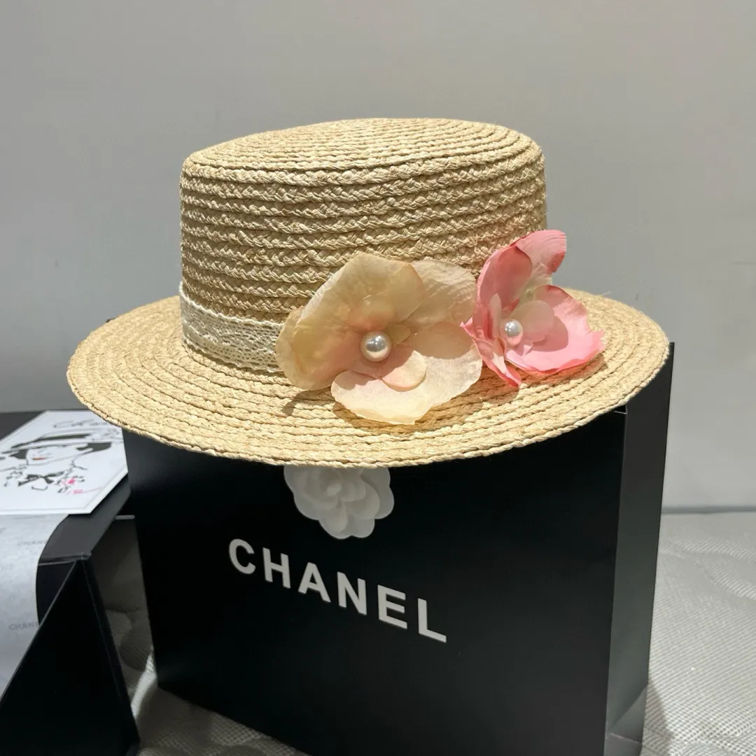 💰160¥ Chanel raffia top hat, flower flat top hat, a must-have for travel, head circumference 57cm