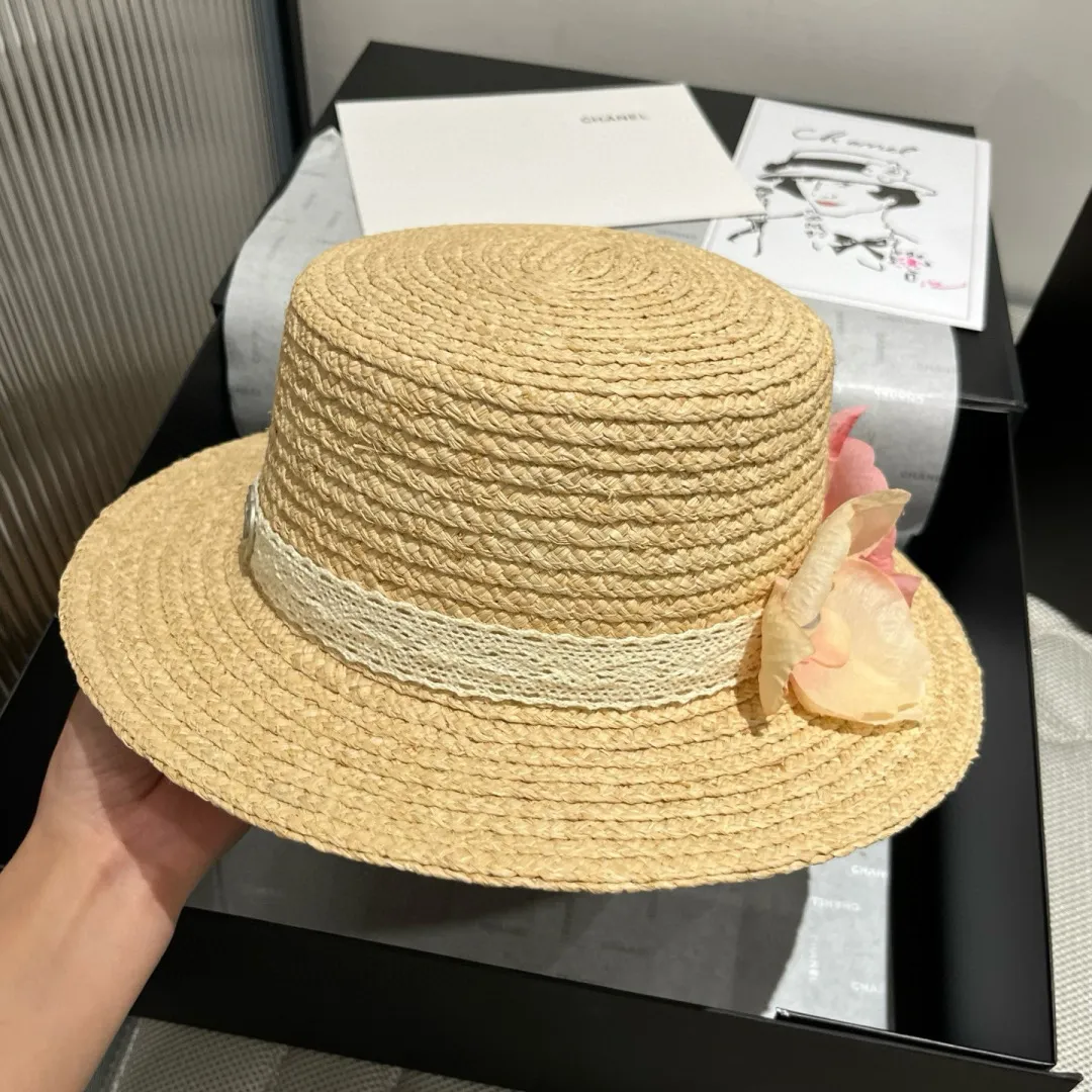 💰160¥ Chanel raffia top hat, flower flat top hat, a must-have for travel, head circumference 57cm