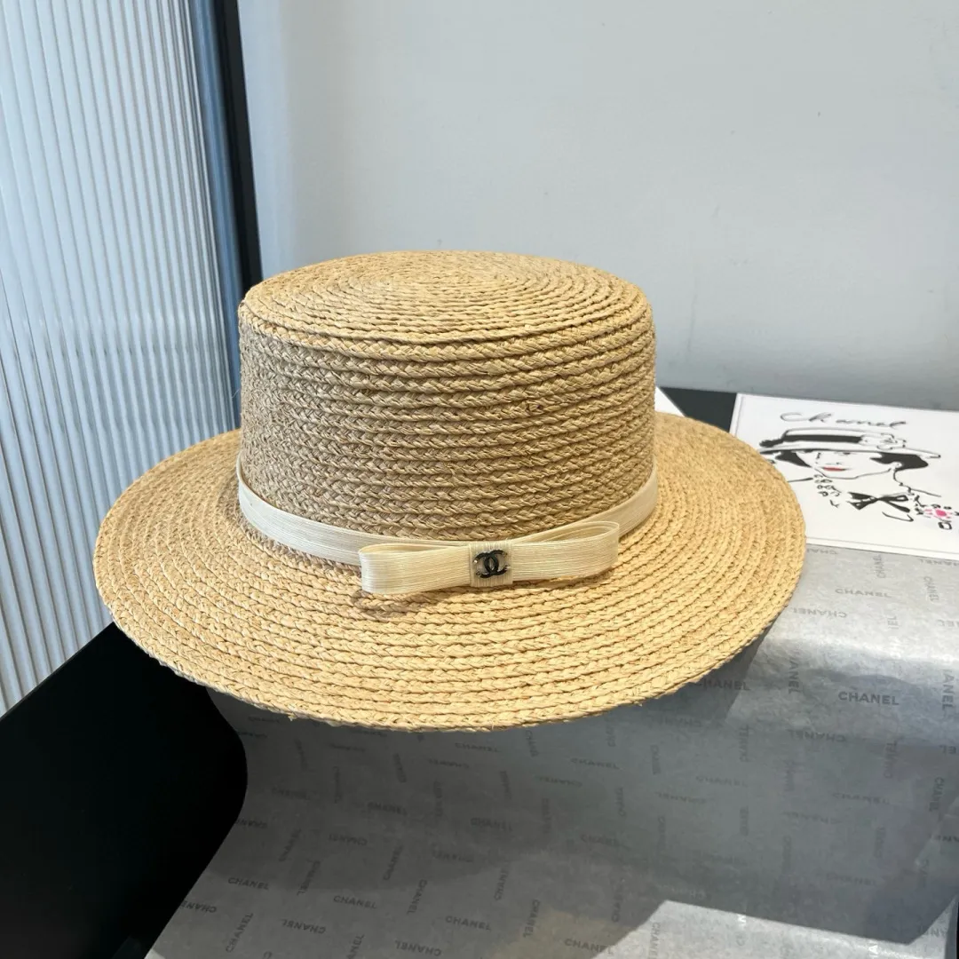 💰180¥ Chanel raffia flat top hat, customized high-end linen yarn, head circumference 57cm