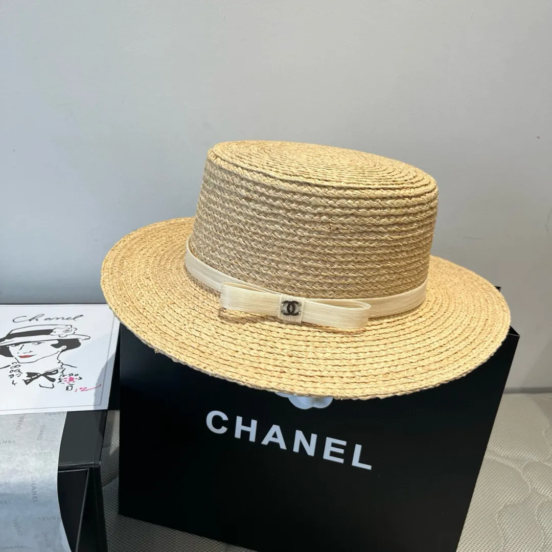 💰180¥ Chanel raffia flat top hat, customized high-end linen yarn, head circumference 57cm