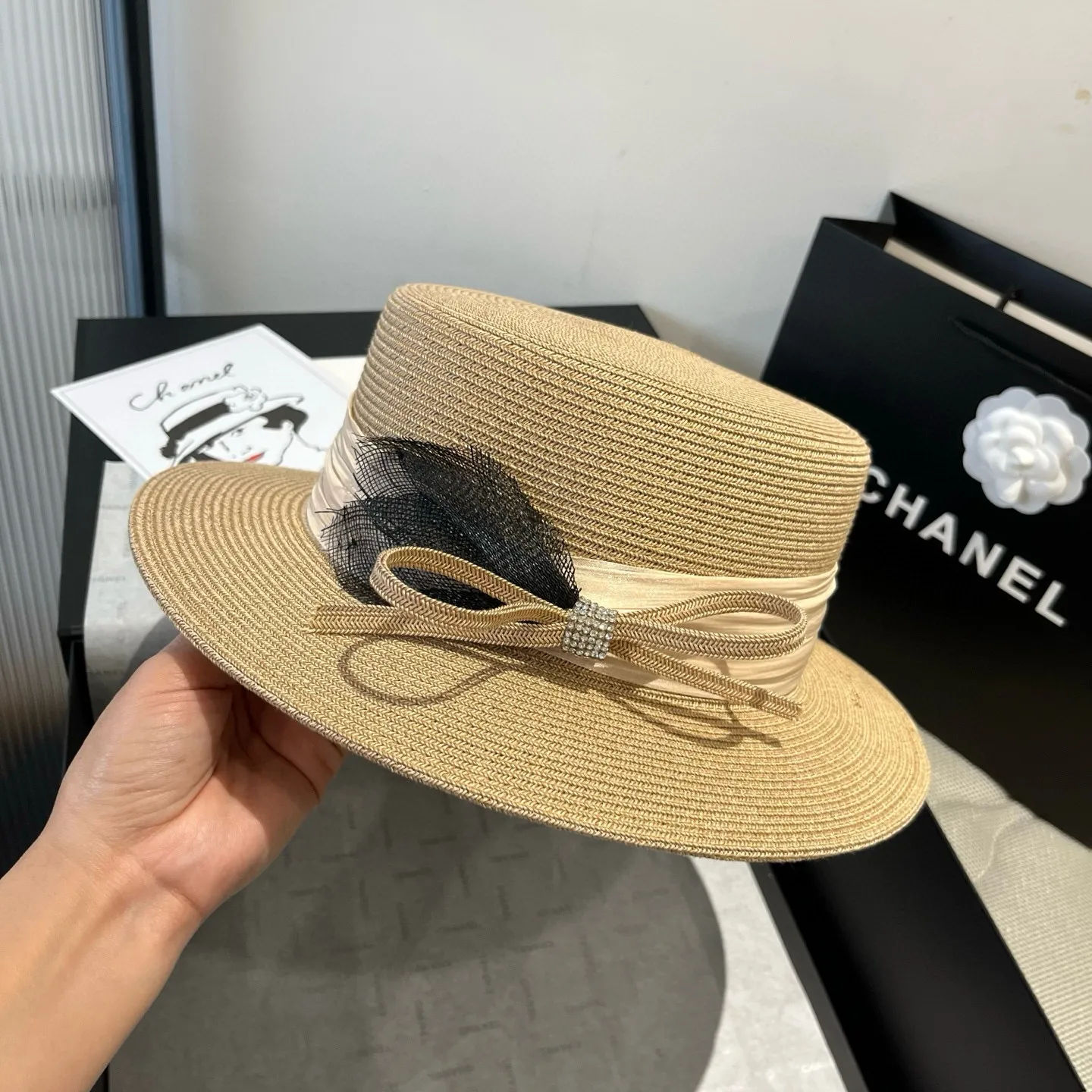 💰160¥ Chanel flat top hat, straw hat, linen accessories, high-end customization, head circumference 57cm