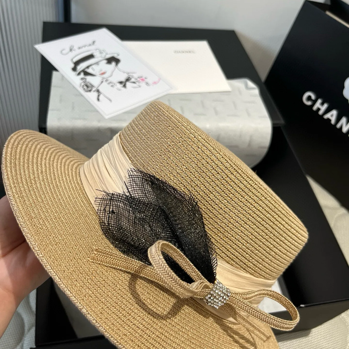 💰160¥ Chanel flat top hat, straw hat, linen accessories, high-end customization, head circumference 57cm