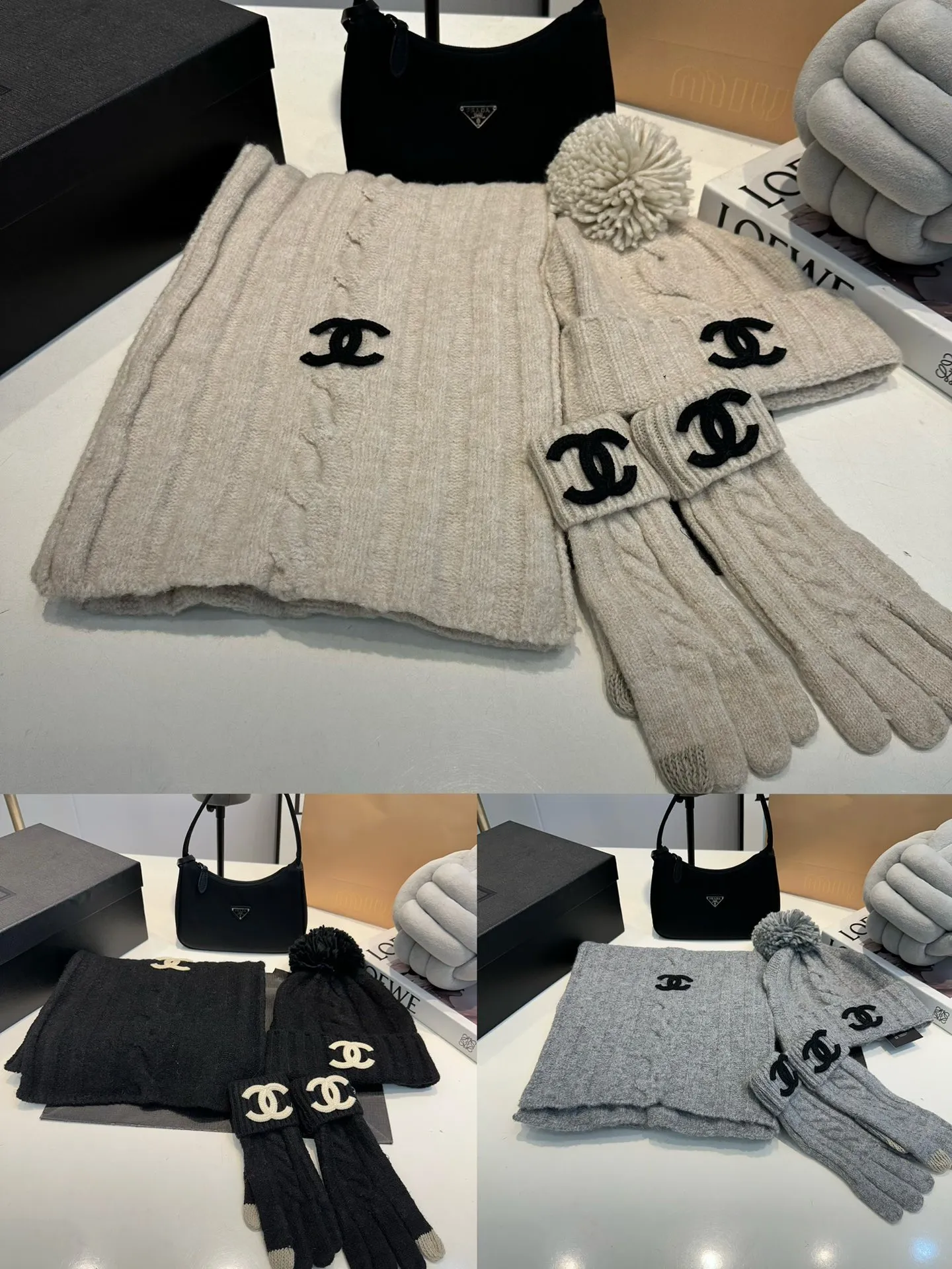 P160 Chanel Chanel autumn and winter woolen suit recommended by internet celebrity fashion bloggers, hat, gloves and scarf three-piece Xiaohongshu hot style, knitted hat with super soft and comfortable feel, excellent elasticity!