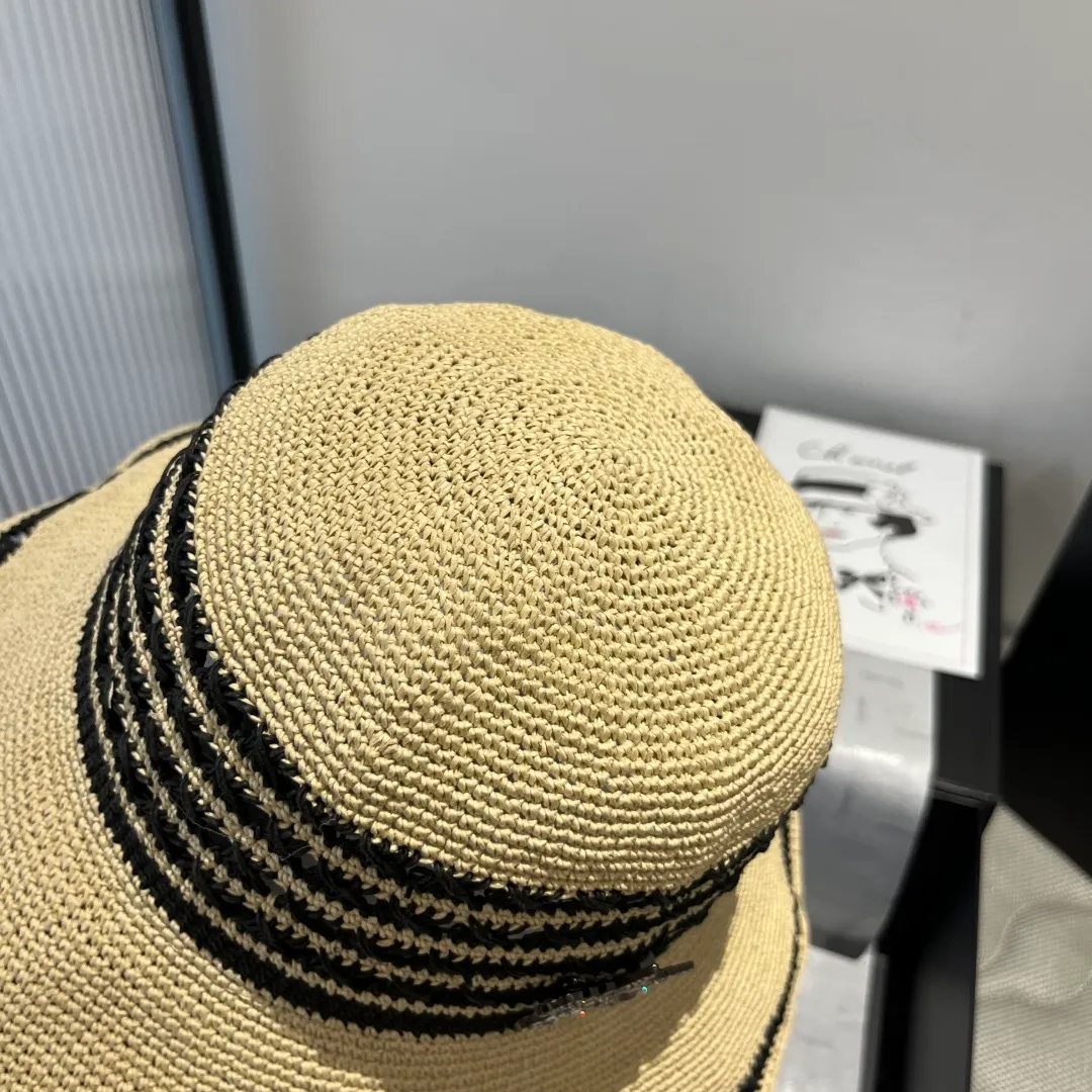 💰160¥ Chanel basin hat, handmade crocheted raffia hat, head circumference 57cm foldable