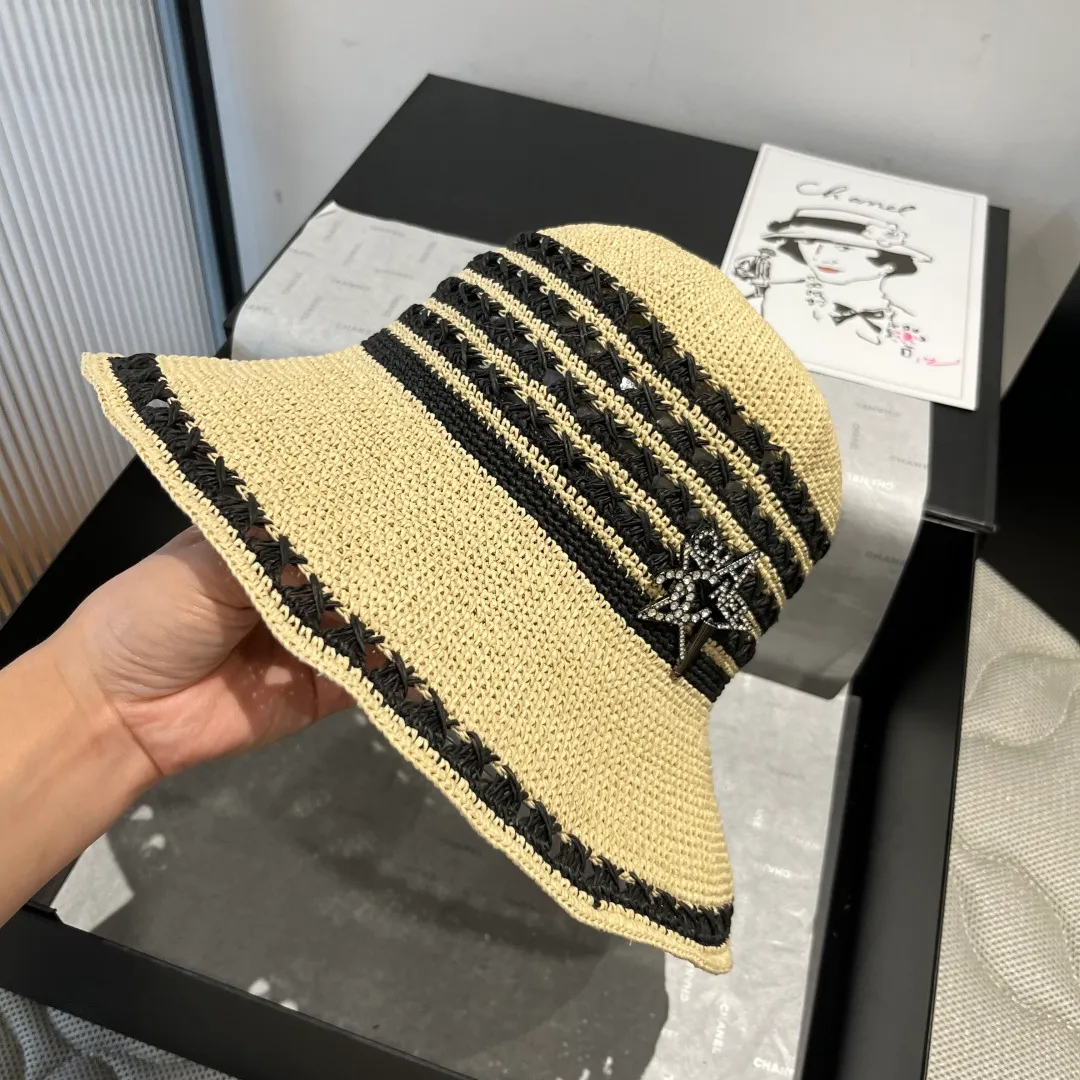 💰160¥ Chanel basin hat, handmade crocheted raffia hat, head circumference 57cm foldable