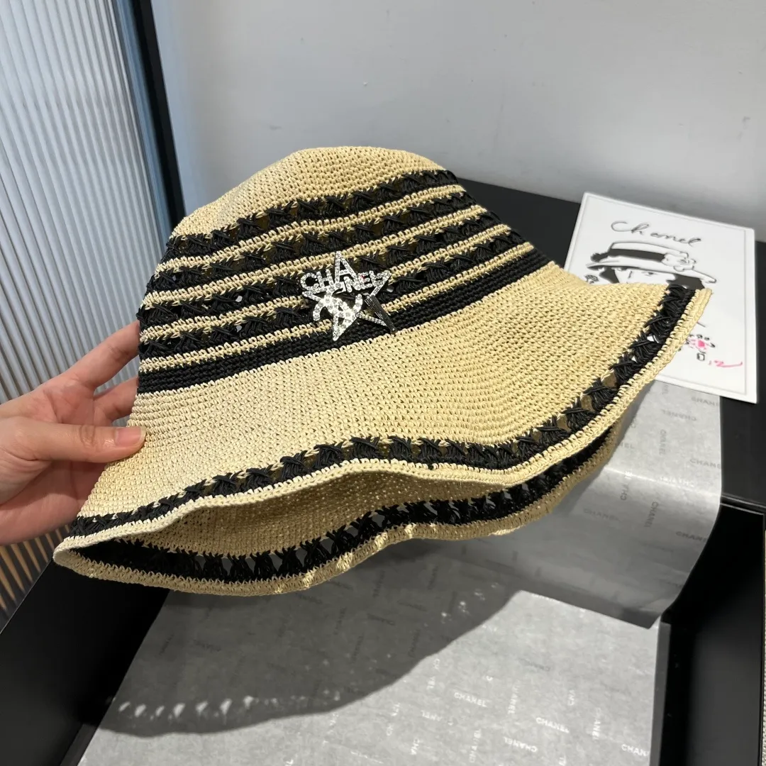 💰160¥ Chanel basin hat, handmade crocheted raffia hat, head circumference 57cm foldable