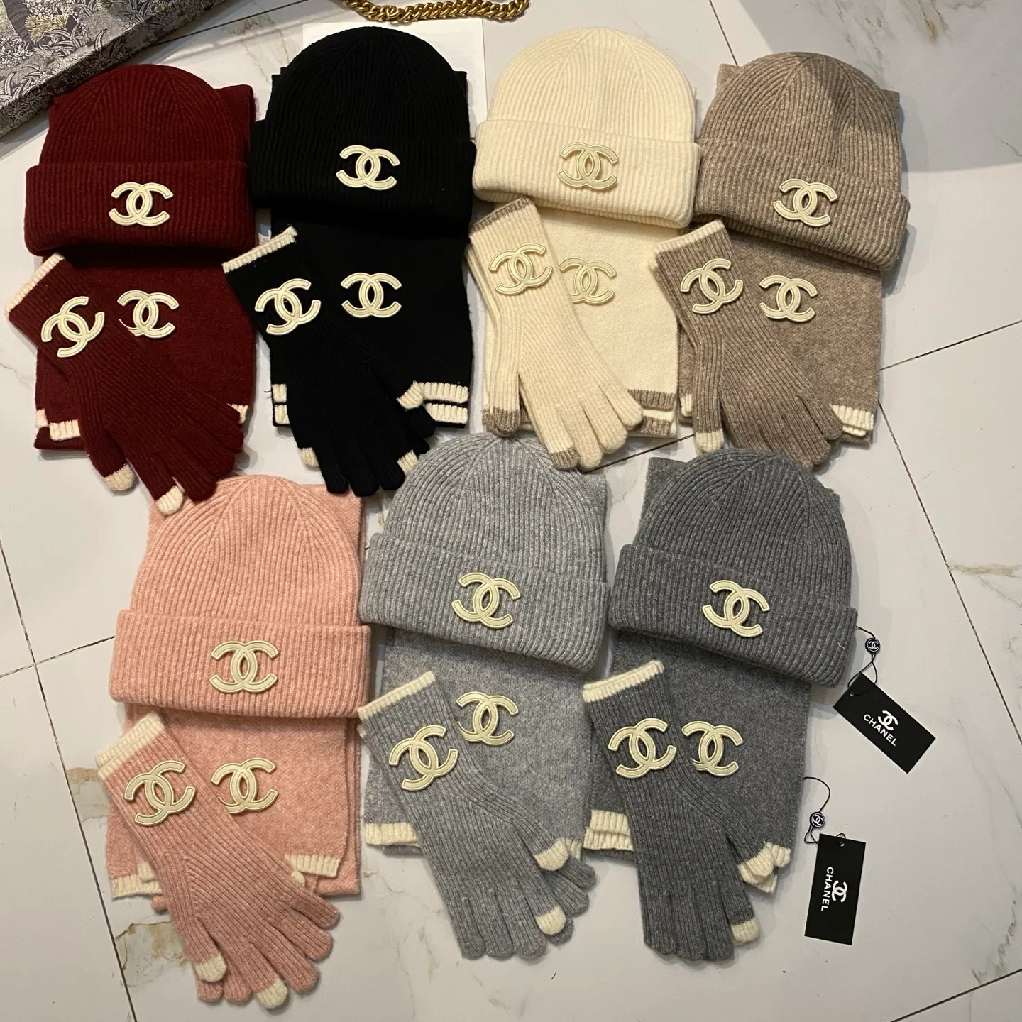 Chanel cashmere knitted hat + scarf + gloves