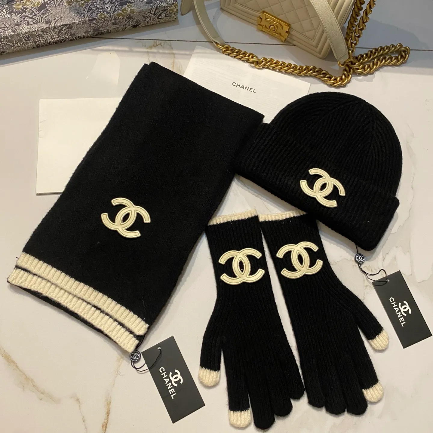 Chanel cashmere knitted hat + scarf + gloves