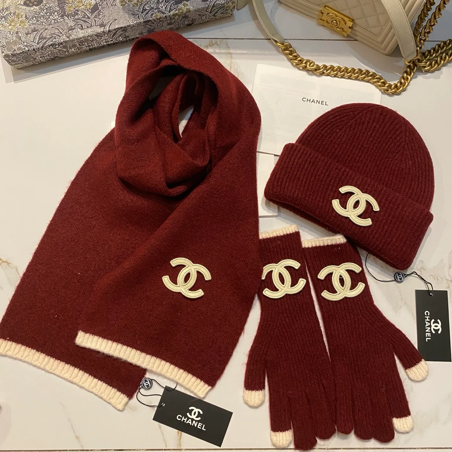 Chanel cashmere knitted hat + scarf + gloves
