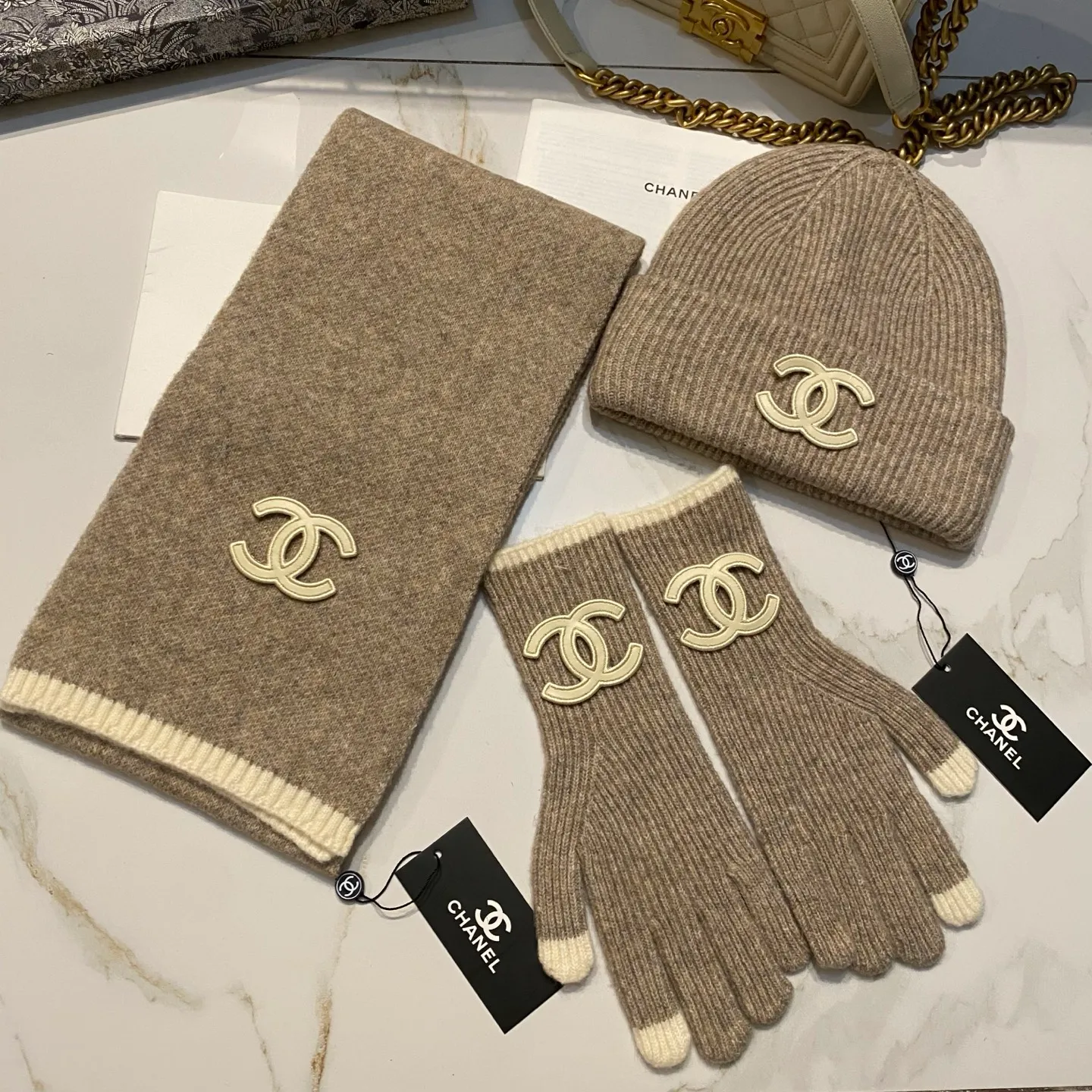 Chanel cashmere knitted hat + scarf + gloves