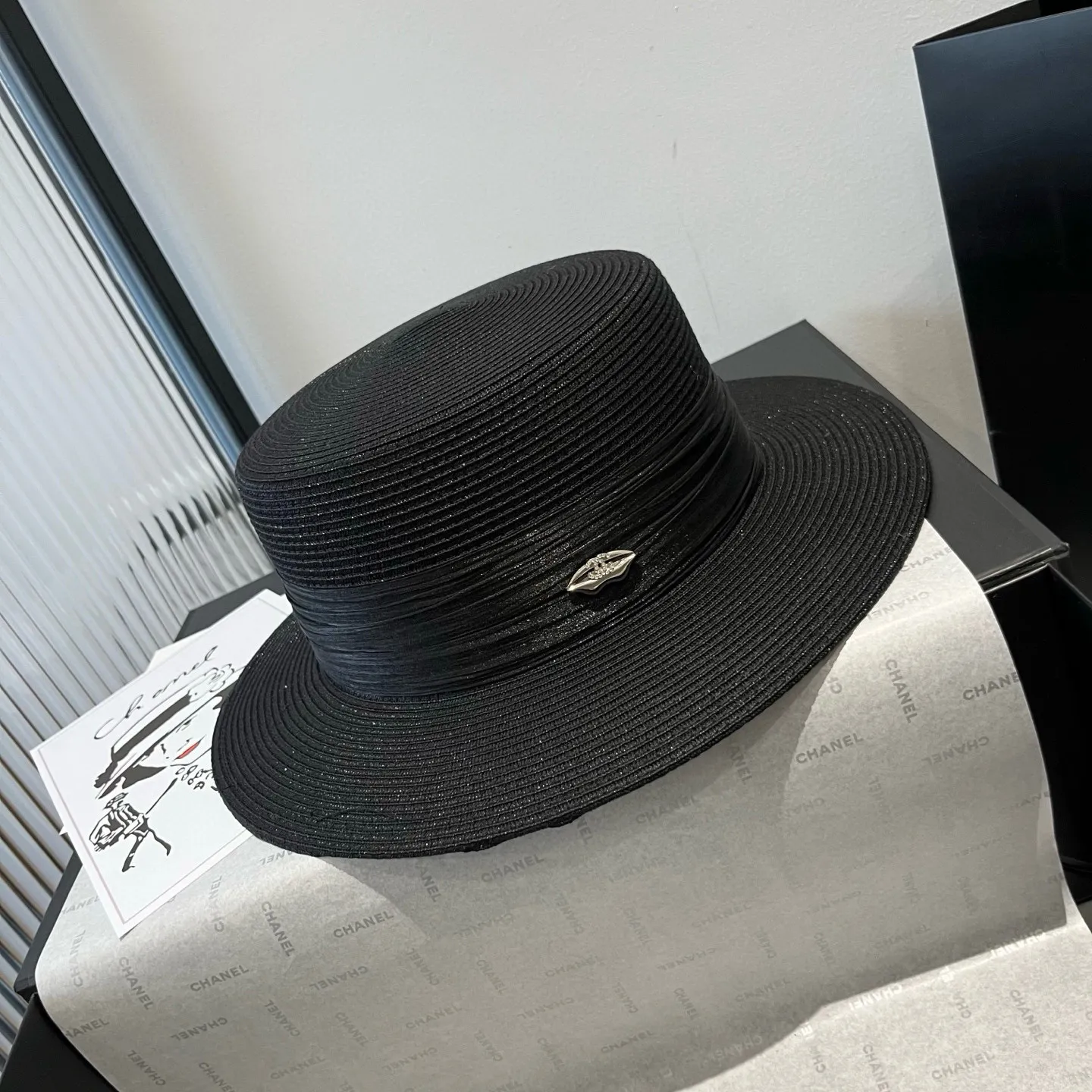 💰160¥ Chanel flat top hat, straw hat, linen accessories, high-end customization, head circumference 57cm