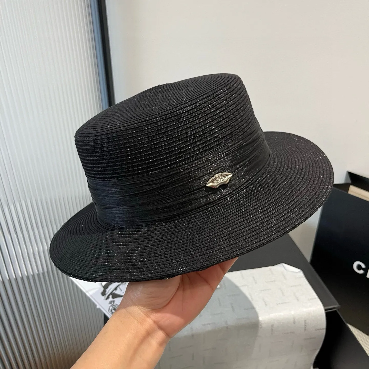 💰160¥ Chanel flat top hat, straw hat, linen accessories, high-end customization, head circumference 57cm