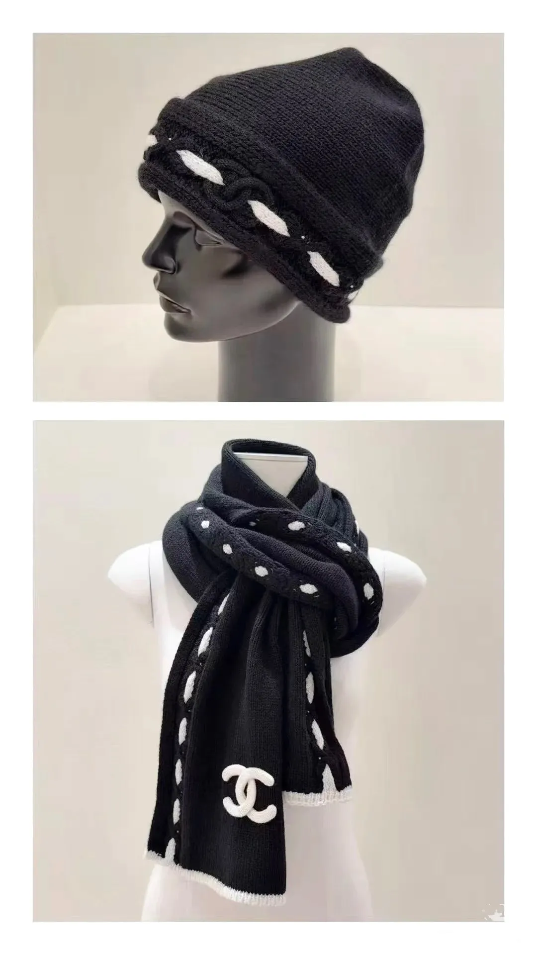 Scarf P720 Hat P460 Single selection available New arrivals! Chanel (Chanel) color-blocked striped scarf is made of wool blended material and 7-needle drawing process. The surface of the fabric has three-dimensional textures with a sense of layering and a concave and convex grid texture. After the weaving is completed, the scarf is hand-picked with the logo in black and white classic colors to show the elegance. Wear it casually to create a simple and fashionable feeling and immediately enhance the overall look.