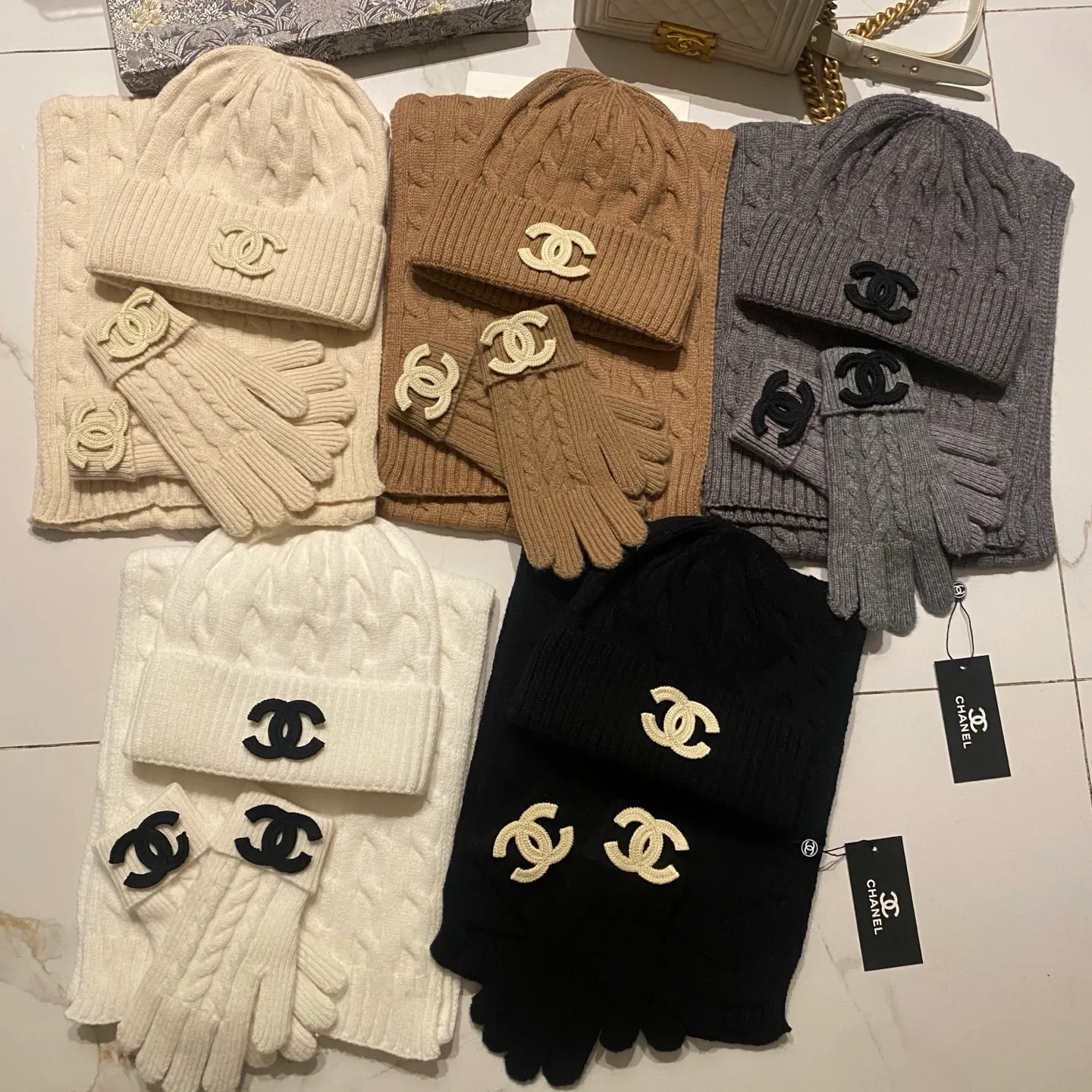 Chanel cashmere suit hat + scarf + gloves