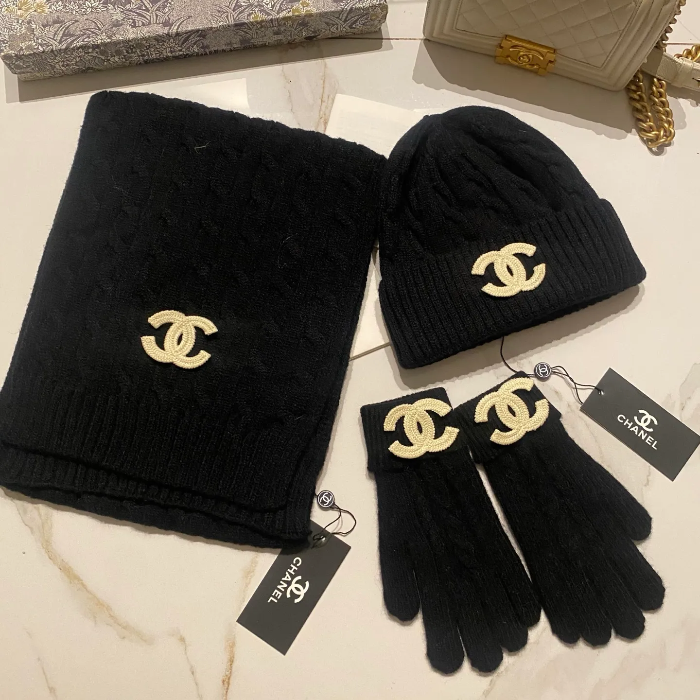 Chanel cashmere suit hat + scarf + gloves