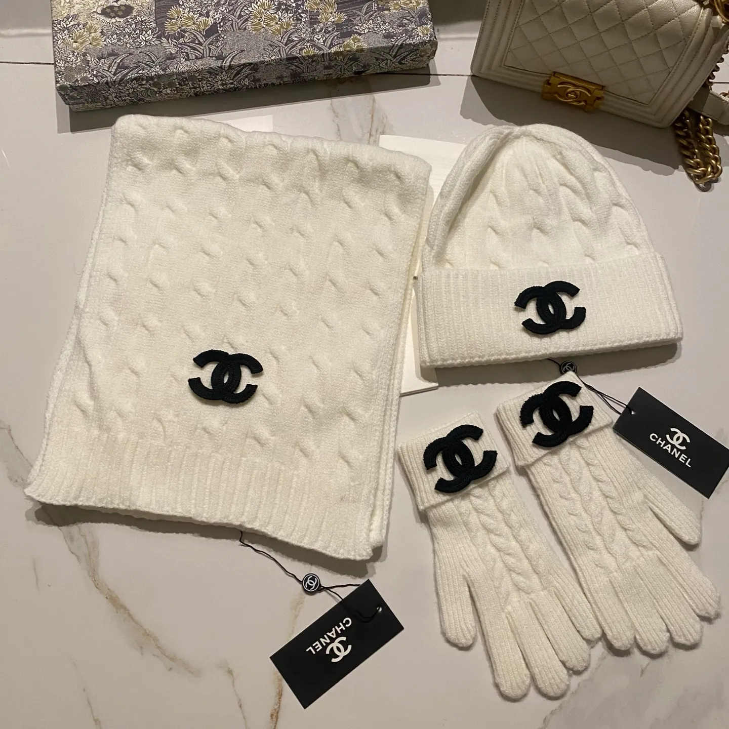 Chanel cashmere suit hat + scarf + gloves