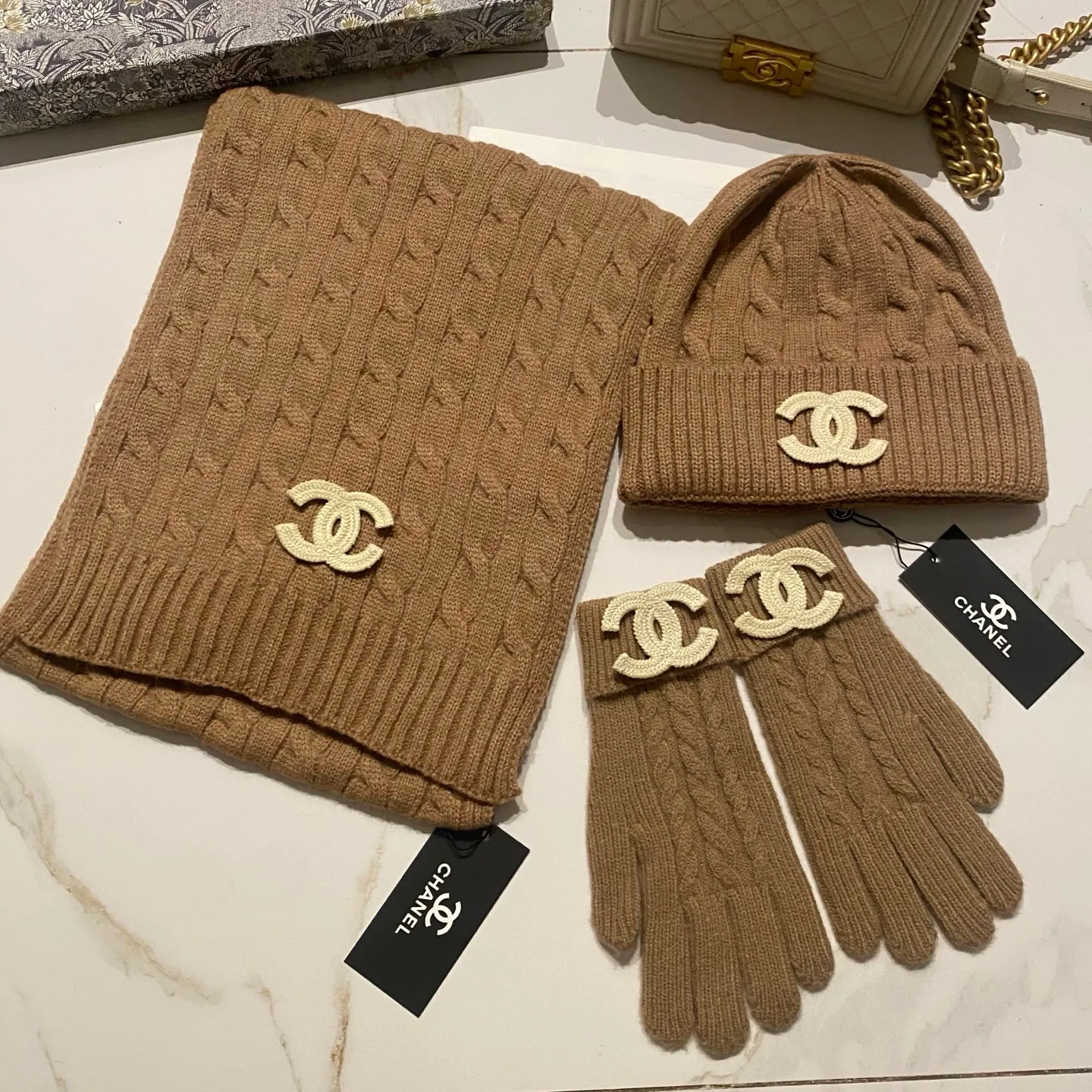Chanel cashmere suit hat + scarf + gloves