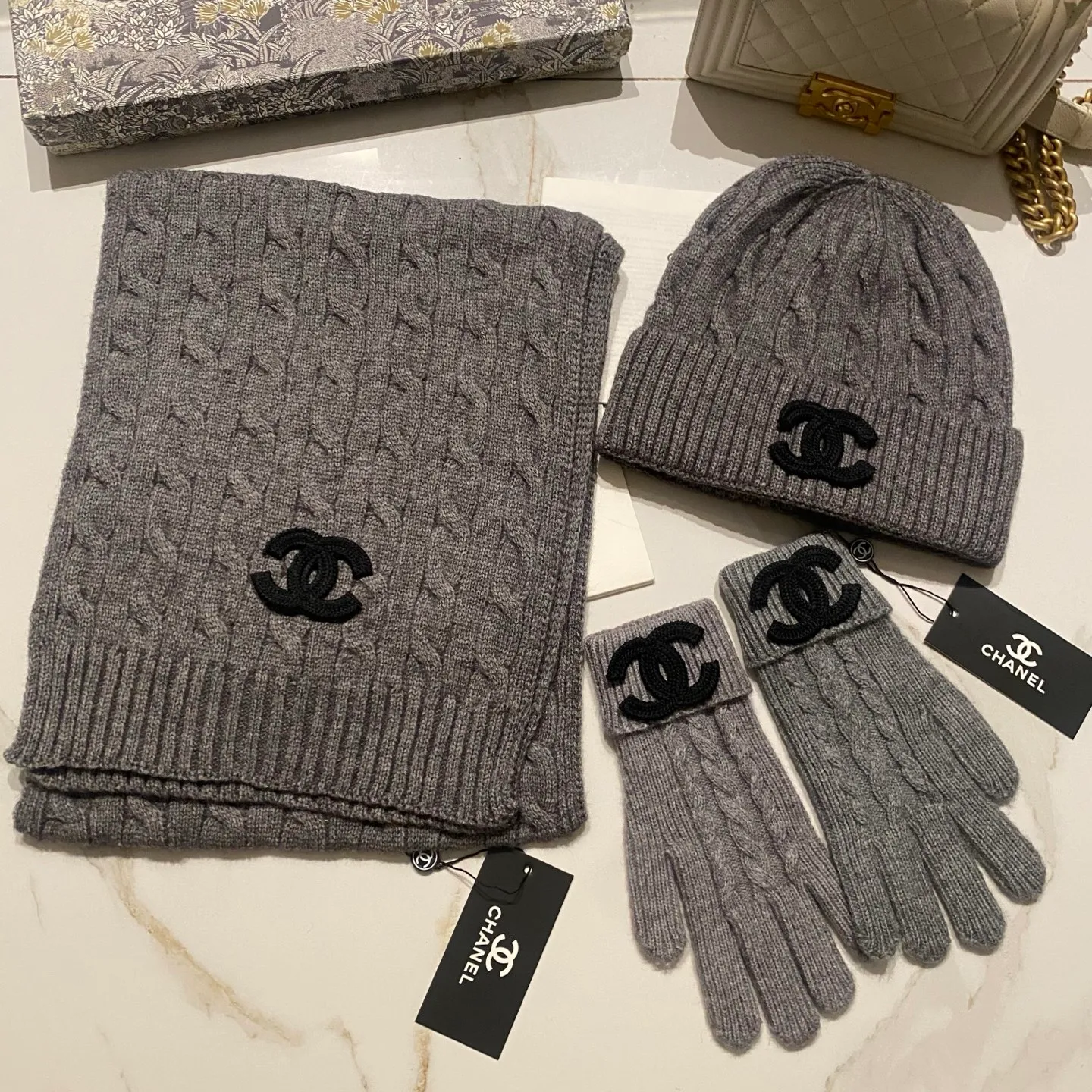 Chanel cashmere suit hat + scarf + gloves
