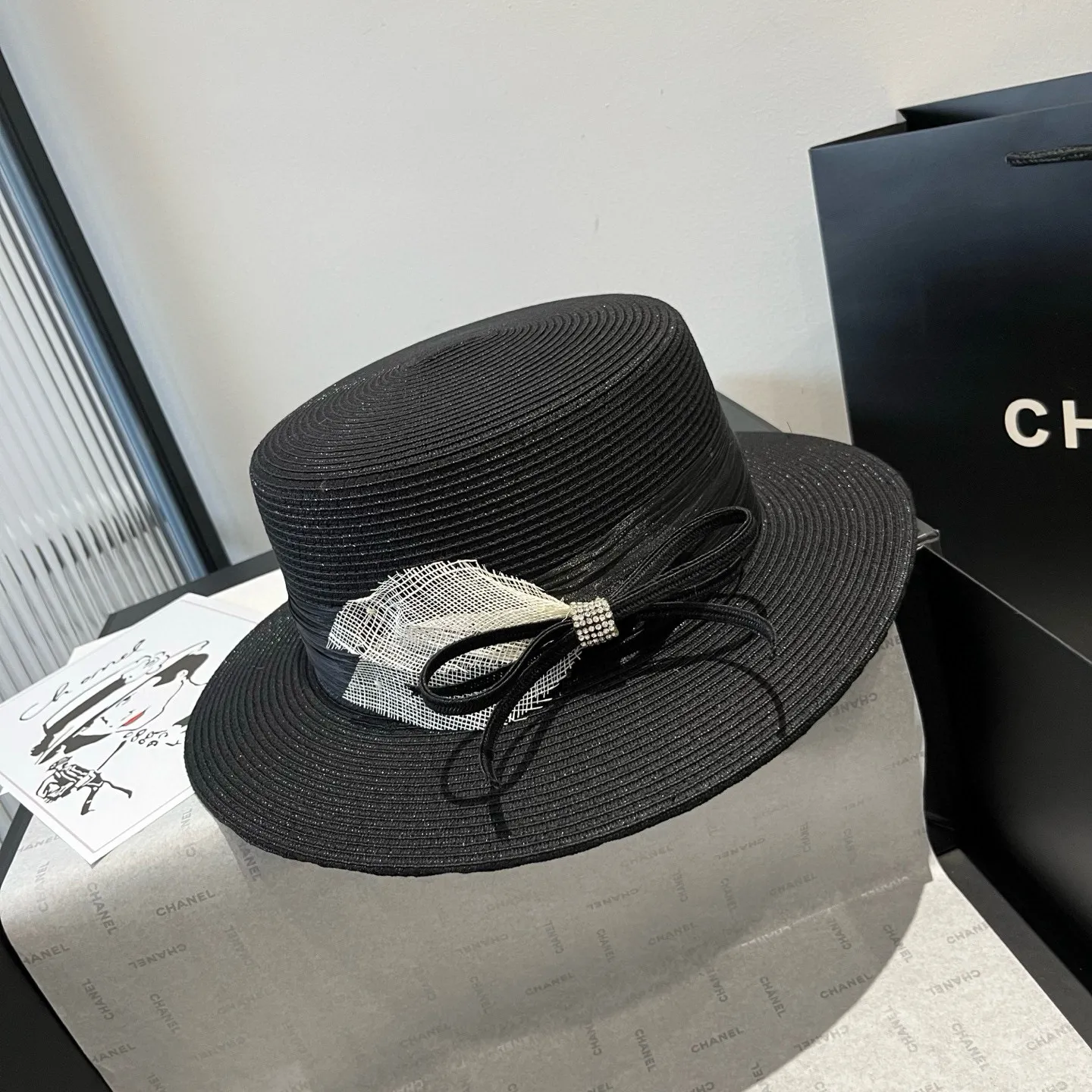 💰160¥ Chanel flat top hat, straw hat, linen accessories, high-end customization, head circumference 57cm