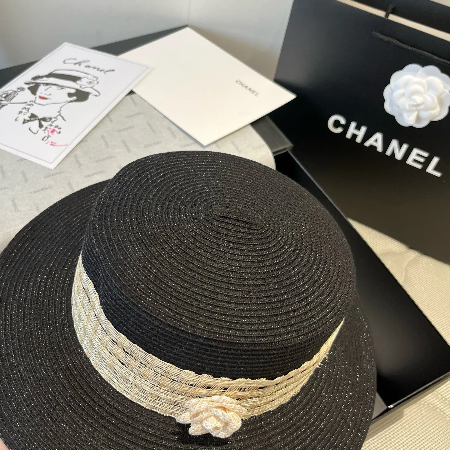 💰160¥ Chanel flat top hat, PP straw hat, head circumference 57cm