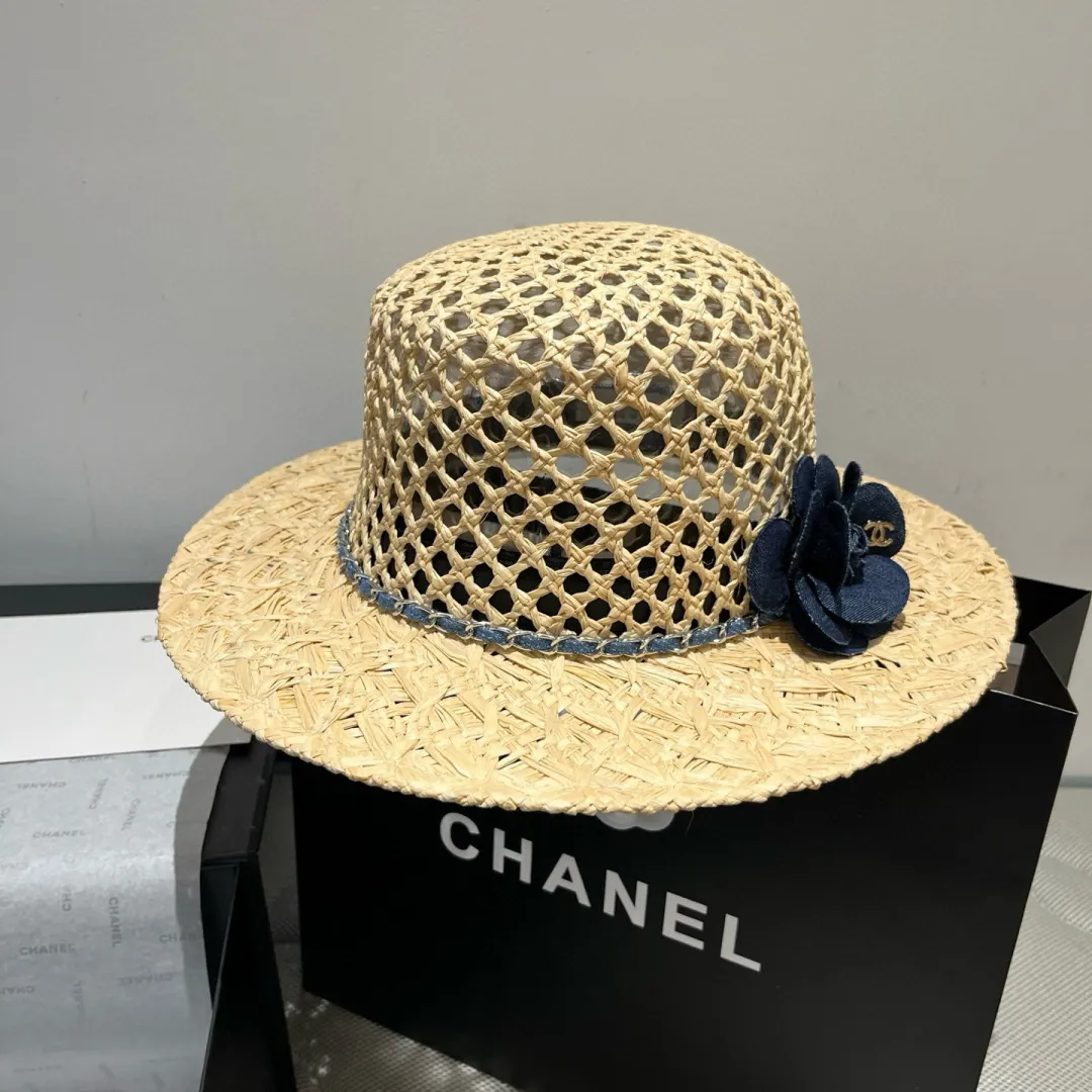 💰200¥ Chanel raffia hat, advanced customization, with camellia flowers, head circumference 57cm