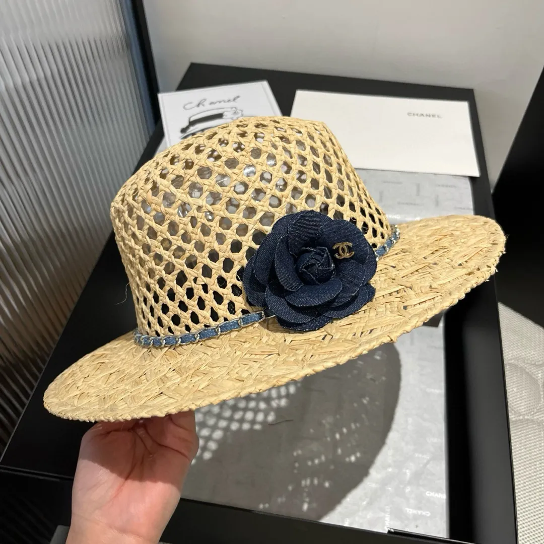💰200¥ Chanel raffia hat, advanced customization, with camellia flowers, head circumference 57cm