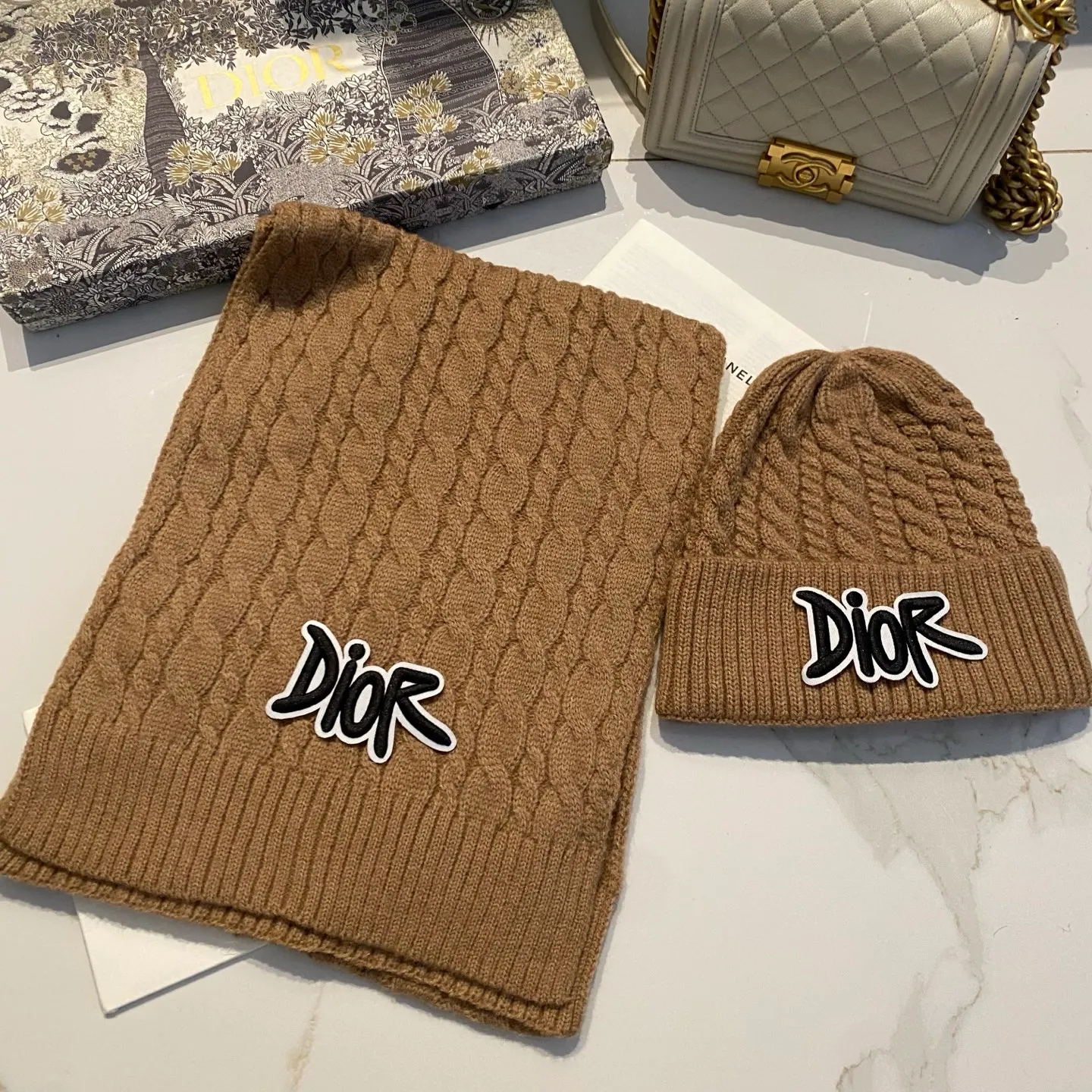 Dior cashmere suit hat + scarf