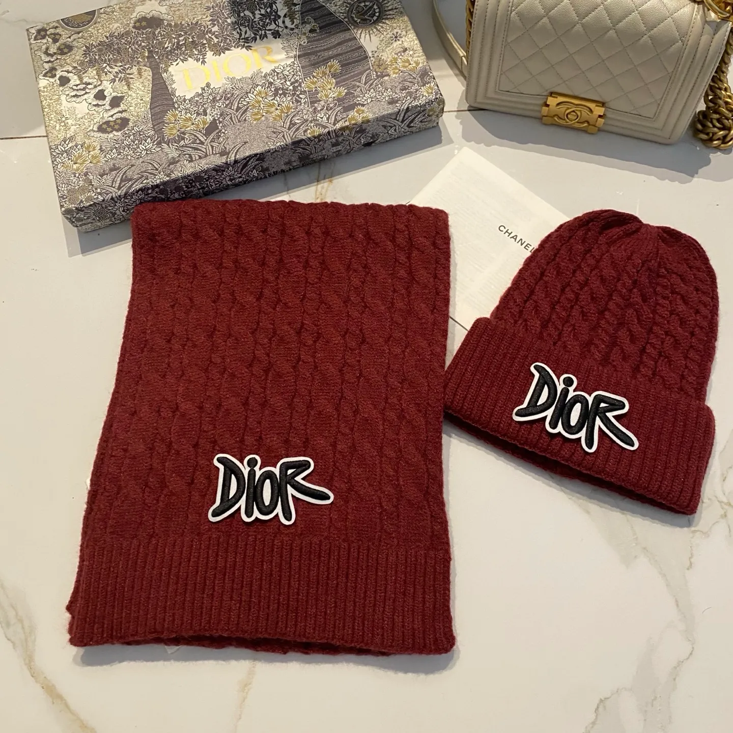Dior cashmere suit hat + scarf
