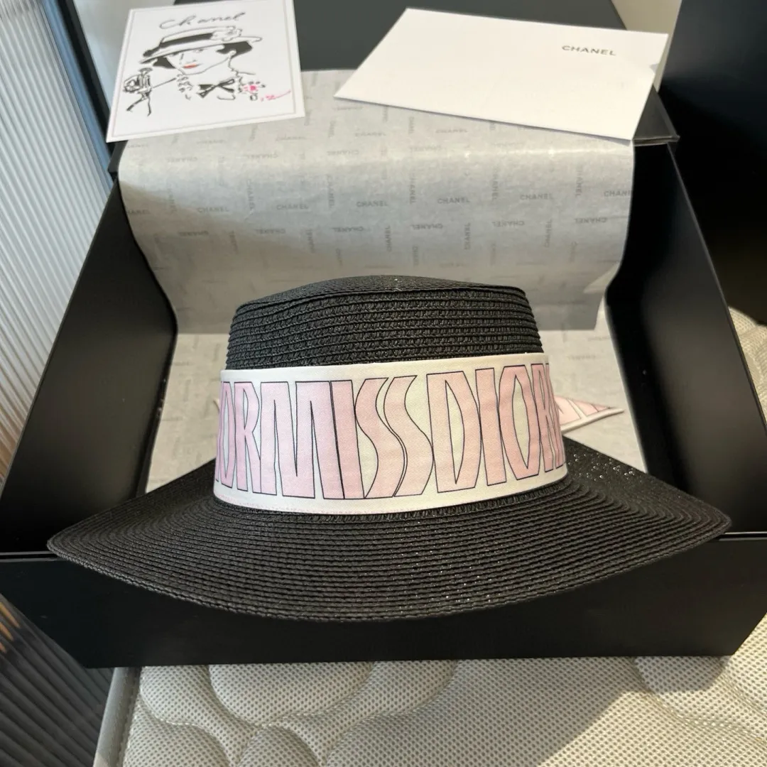 💰130¥ Dior Winter Olympics 2025 summer style flat top hat, straw hat, small top hat, with silk ribbon, absolute size, head circumference 57cm