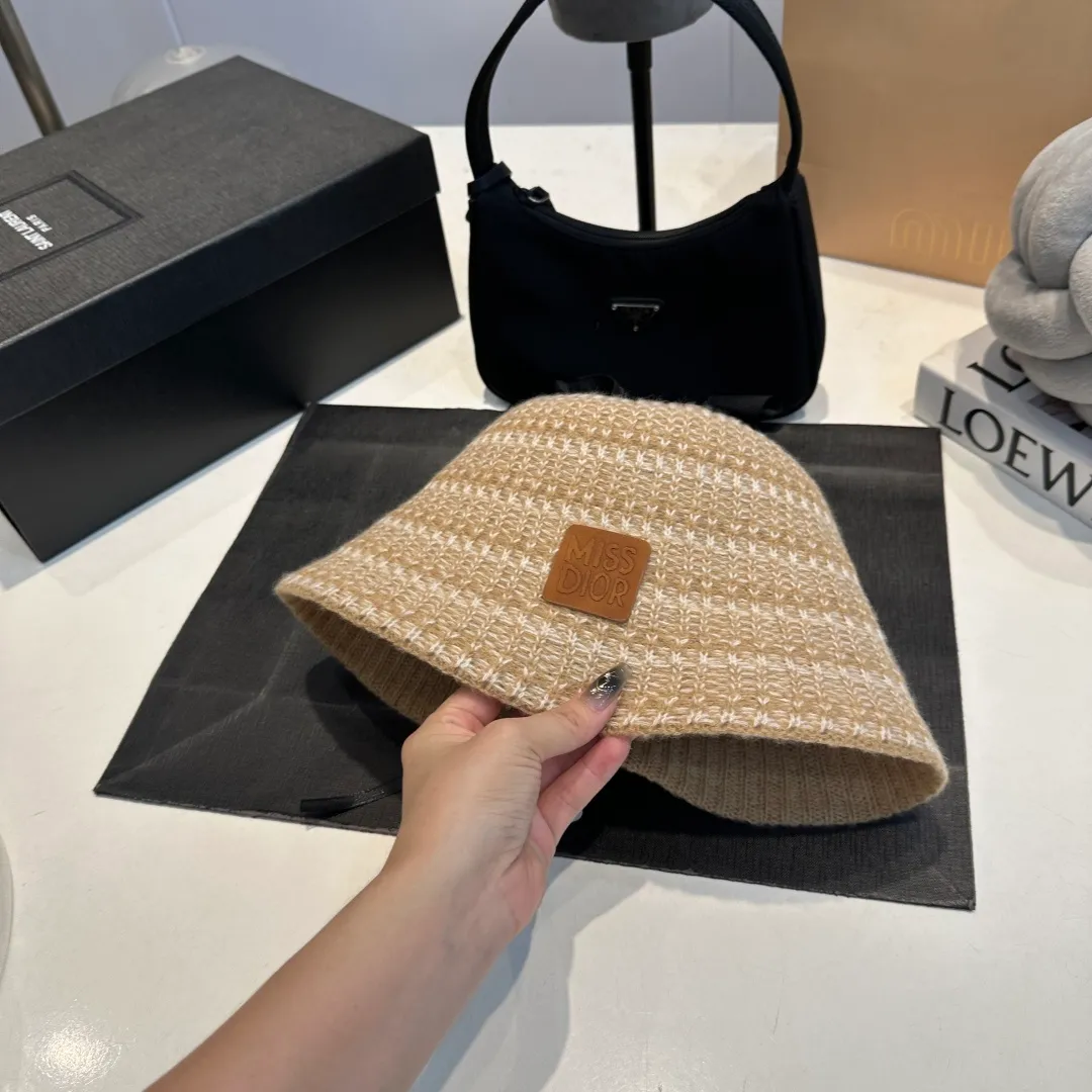 P 60 Dior striped fisherman hat for women 2025 new autumn woolen hat simple and versatile hat big head circumference showing face small basin hat