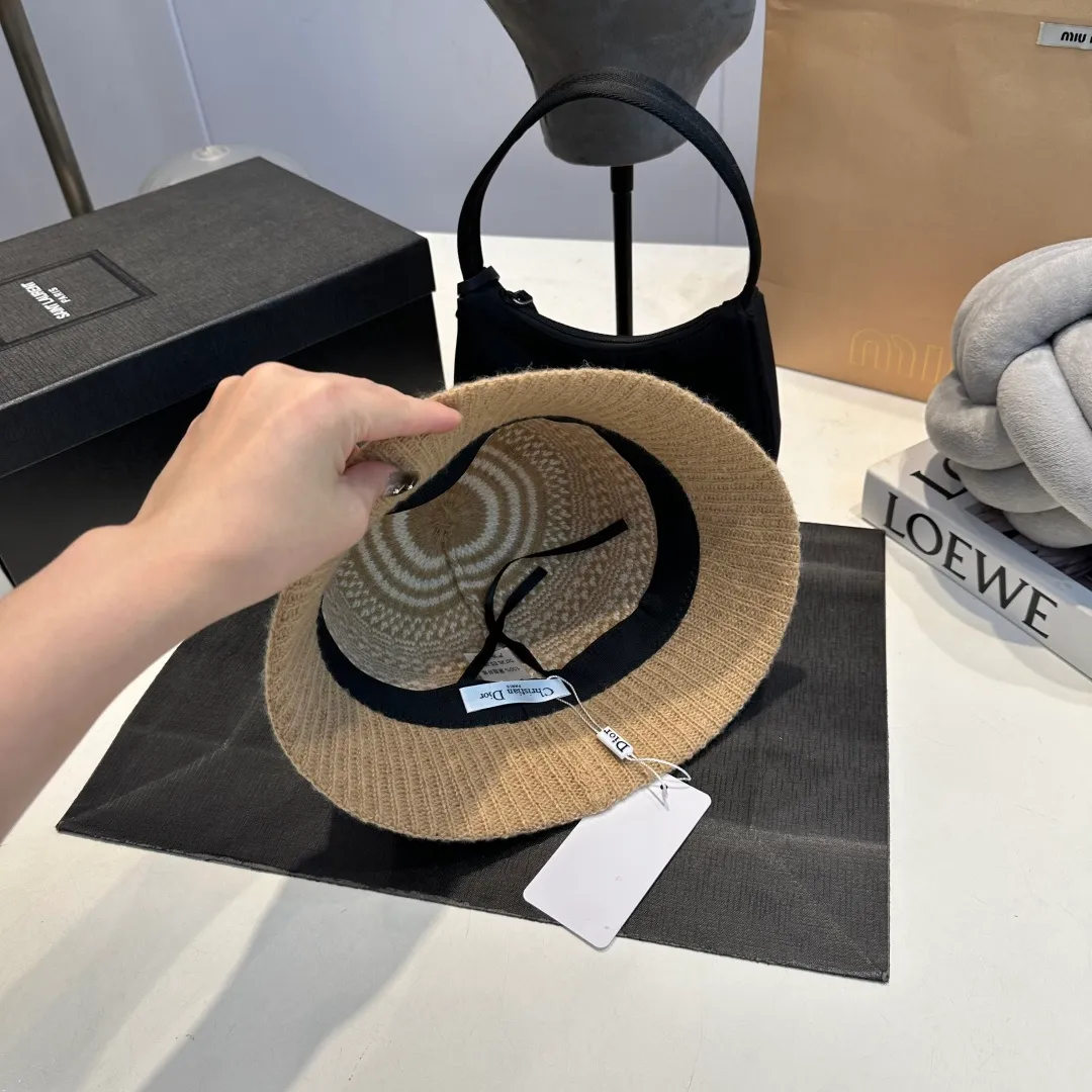 P 60 Dior striped fisherman hat for women 2025 new autumn woolen hat simple and versatile hat big head circumference showing face small basin hat