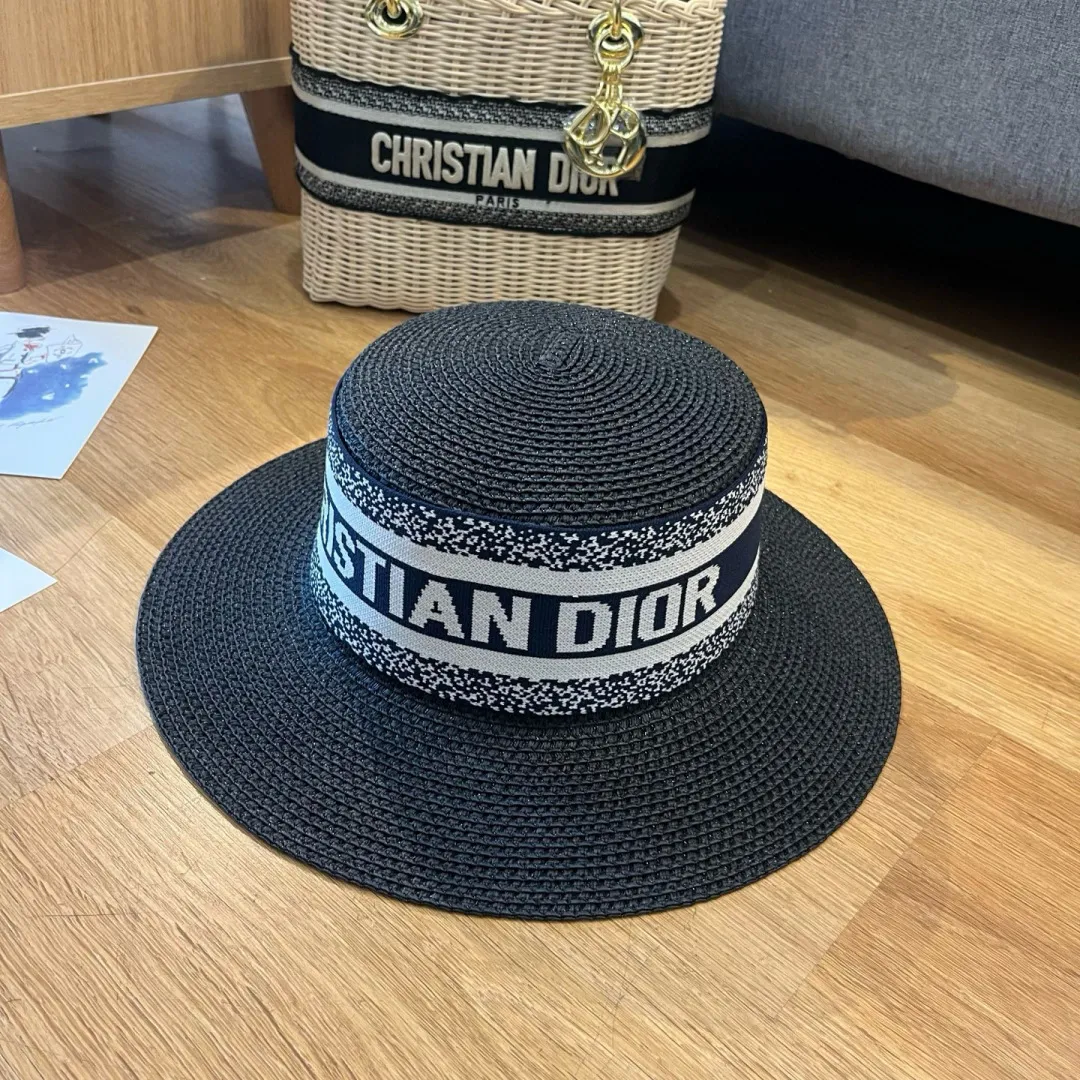 💰110¥ Dior 2025 new flat-top straw hat, head circumference 57cm, black, white, khaki, three colors