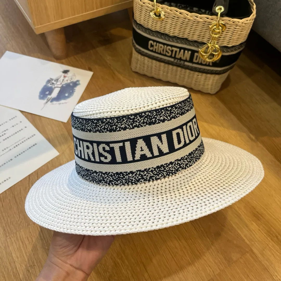 💰110¥ Dior 2025 new flat-top straw hat, head circumference 57cm, black, white, khaki, three colors