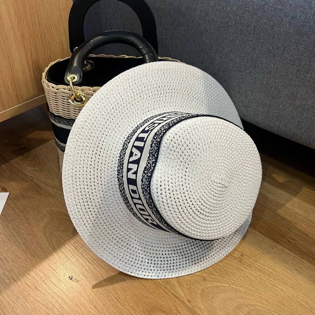 💰110¥ Dior 2025 new flat-top straw hat, head circumference 57cm, black, white, khaki, three colors