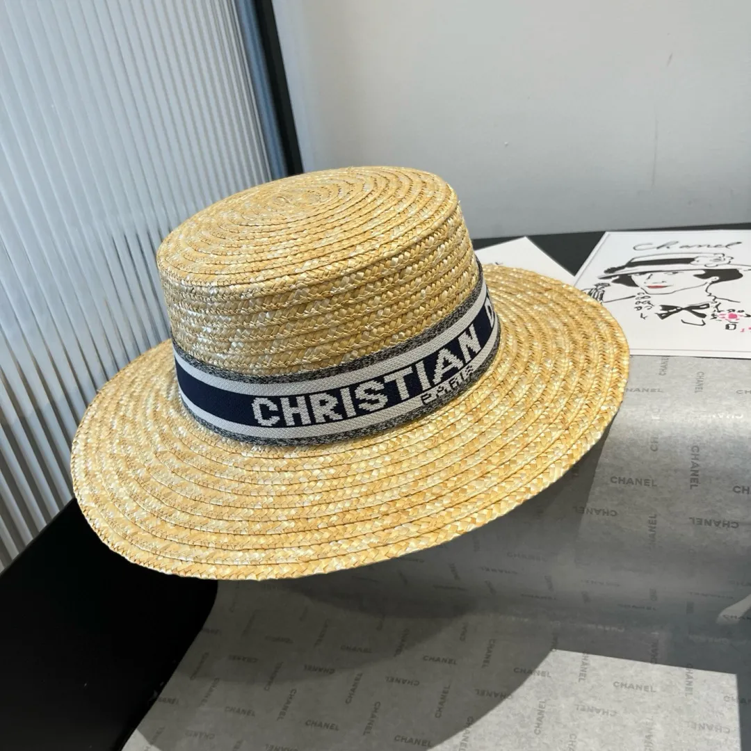 💰120¥ Dior straw straw flat top hat, sun hat, head circumference 57cm