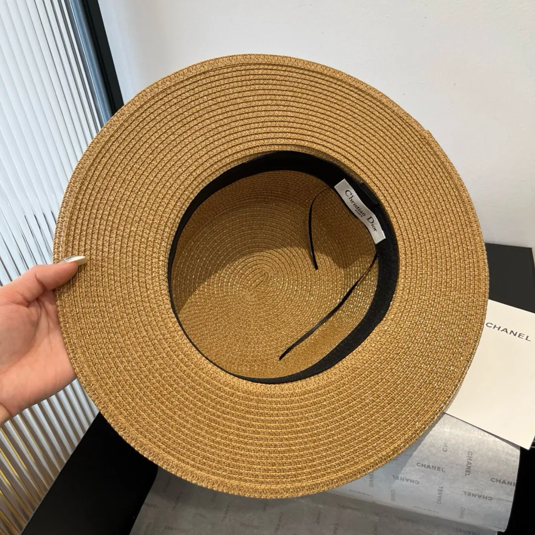 💰130¥ Dior Winter Olympics 2025 summer style flat top hat, straw hat, small top hat, with silk ribbon, absolute size, head circumference 57cm