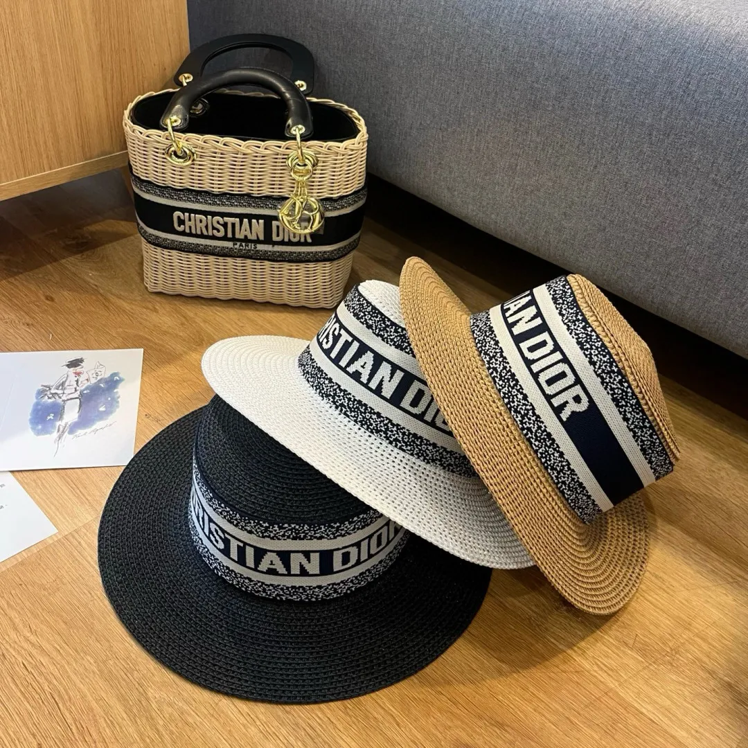 💰110¥ Dior 2025 new flat-top straw hat, head circumference 57cm, black, white, khaki, three colors